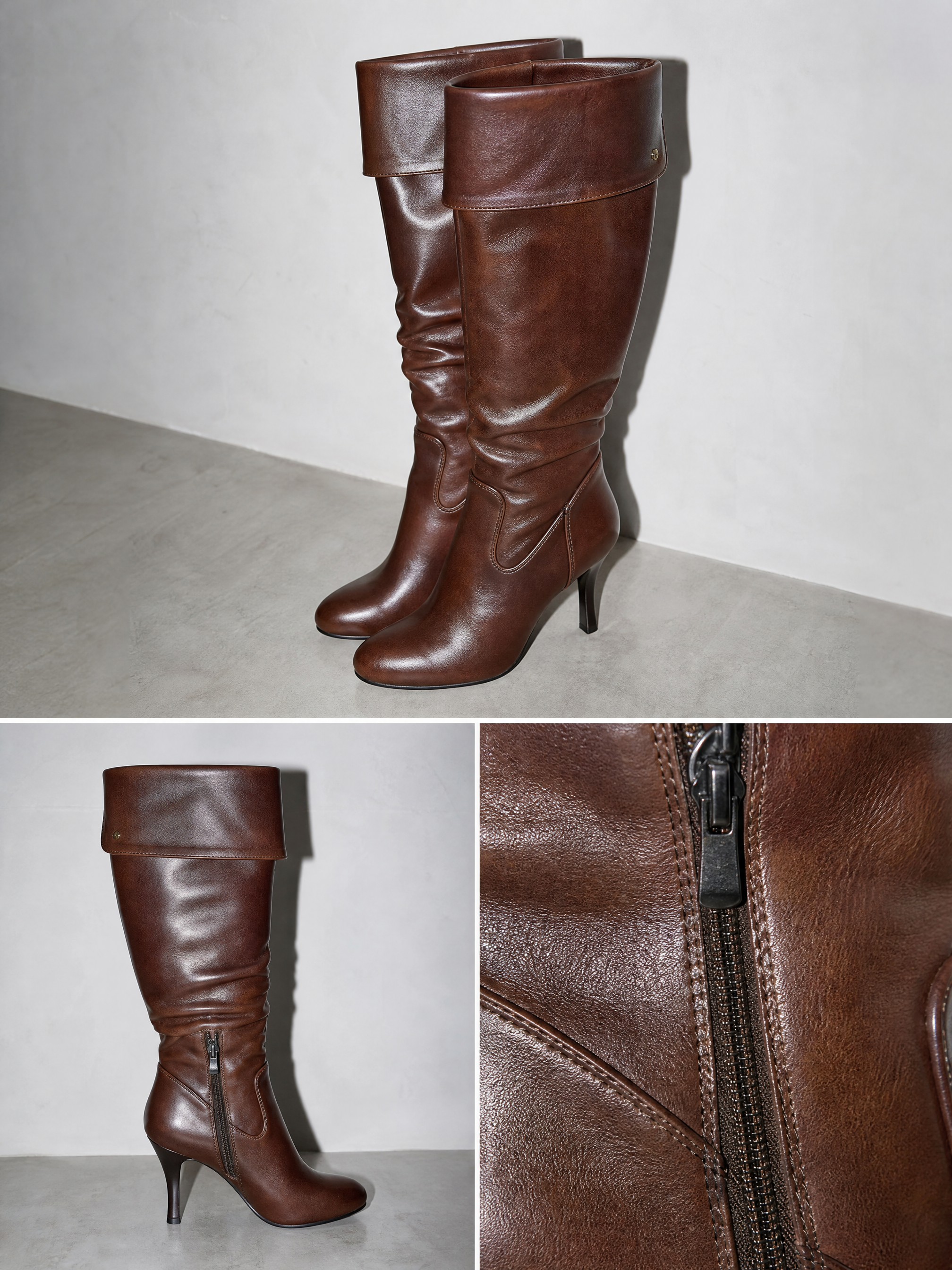 Stiletto boots side zip high heel boots over the knee boots - Brown Premium Leather Finish Shoe Macro