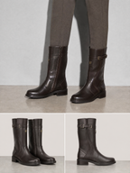 Women's mid-tube rider boots - Brown Premium Leather Finish Shoe Worn