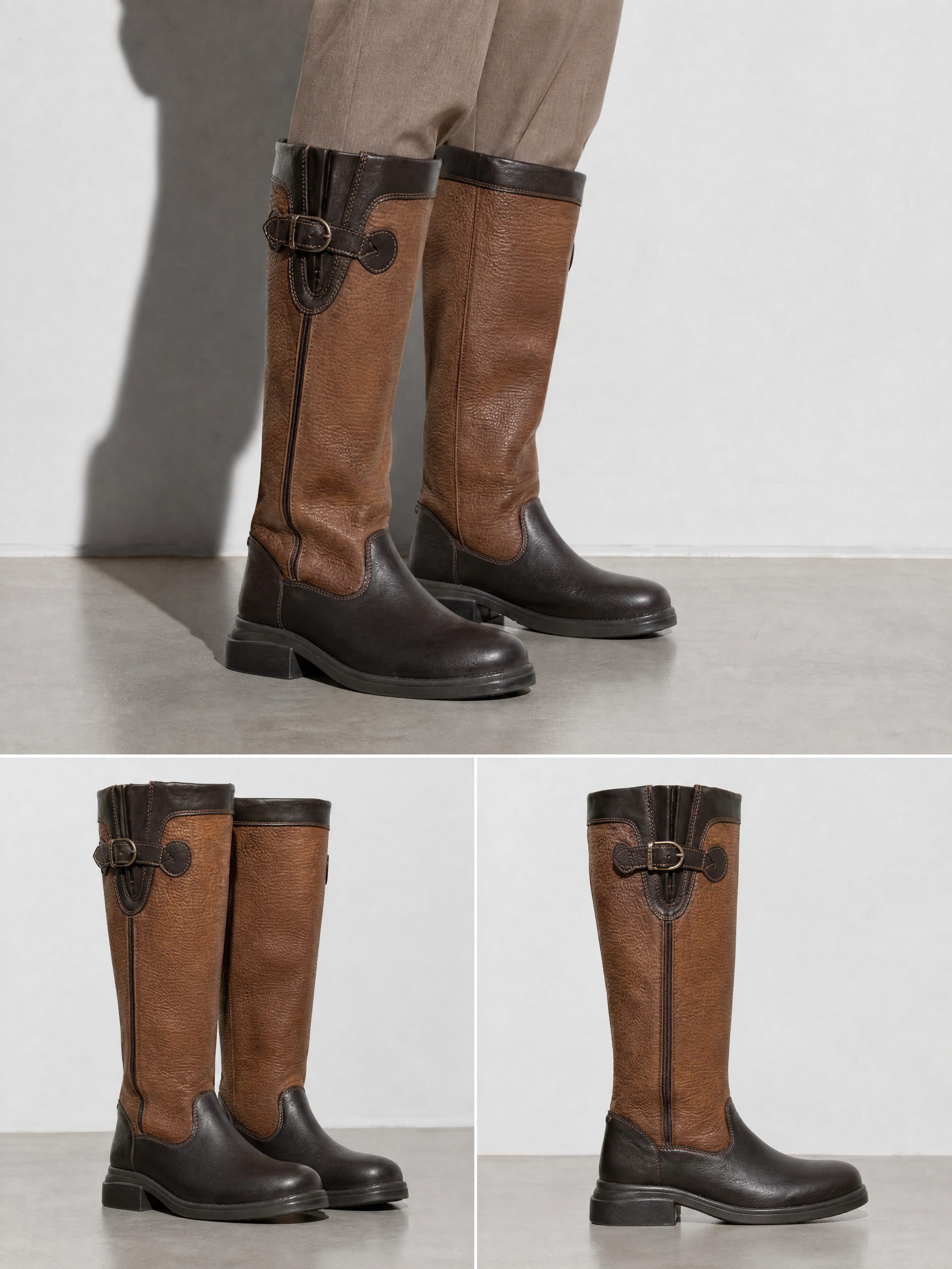 Leather Boots With A Round Toe Thick Sole And Belt Bucklewaterproof - Brown Premium Leather Finish Shoe Worn