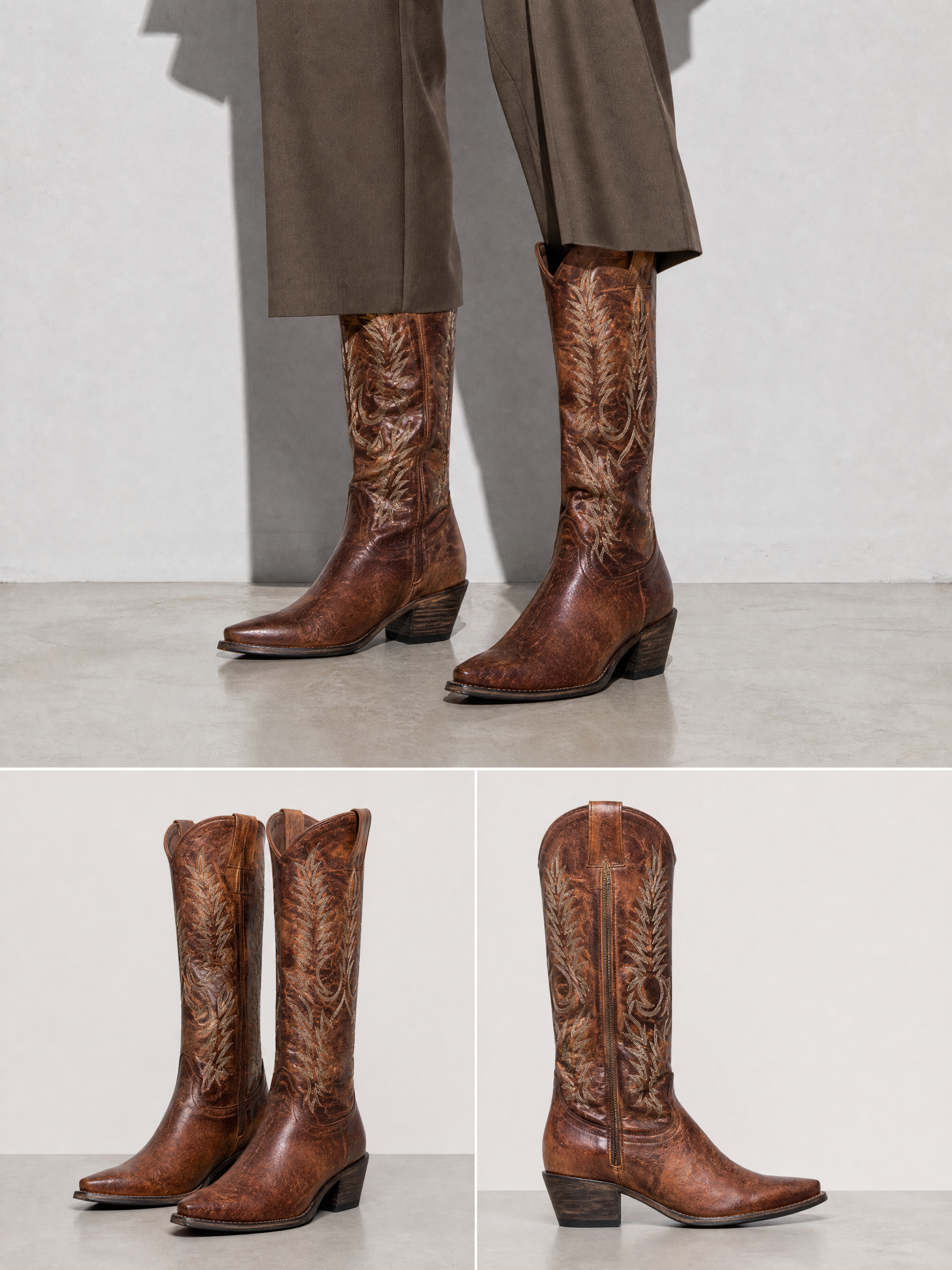 Medium heel 35-43 National Style Embroidered women's Boots - Brown Premium Leather Finish Shoe Worn