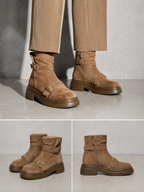 Women's Platform Height Increasing British Style Martin Boots, 2026 New Popular Retro Western Cowboy Pants Shaft Mid Ankle Boots - Brown Premium Leather Finish Shoe Worn