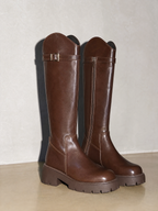New Versatile Casual Chunky Heel High Boots - Brown Standard Cylinder Premium Leather Finish Shoe Angle