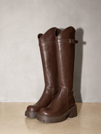 New Versatile Casual Chunky Heel High Boots - Brown Standard Cylinder Premium Leather Finish Shoe Full