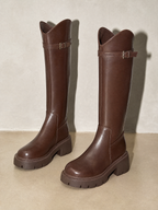 New Versatile Casual Chunky Heel High Boots - Brown Standard Cylinder Premium Leather Finish Shoe Macro