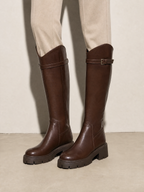 New Versatile Casual Chunky Heel High Boots - Brown Standard Cylinder Premium Leather Finish Shoe Worn