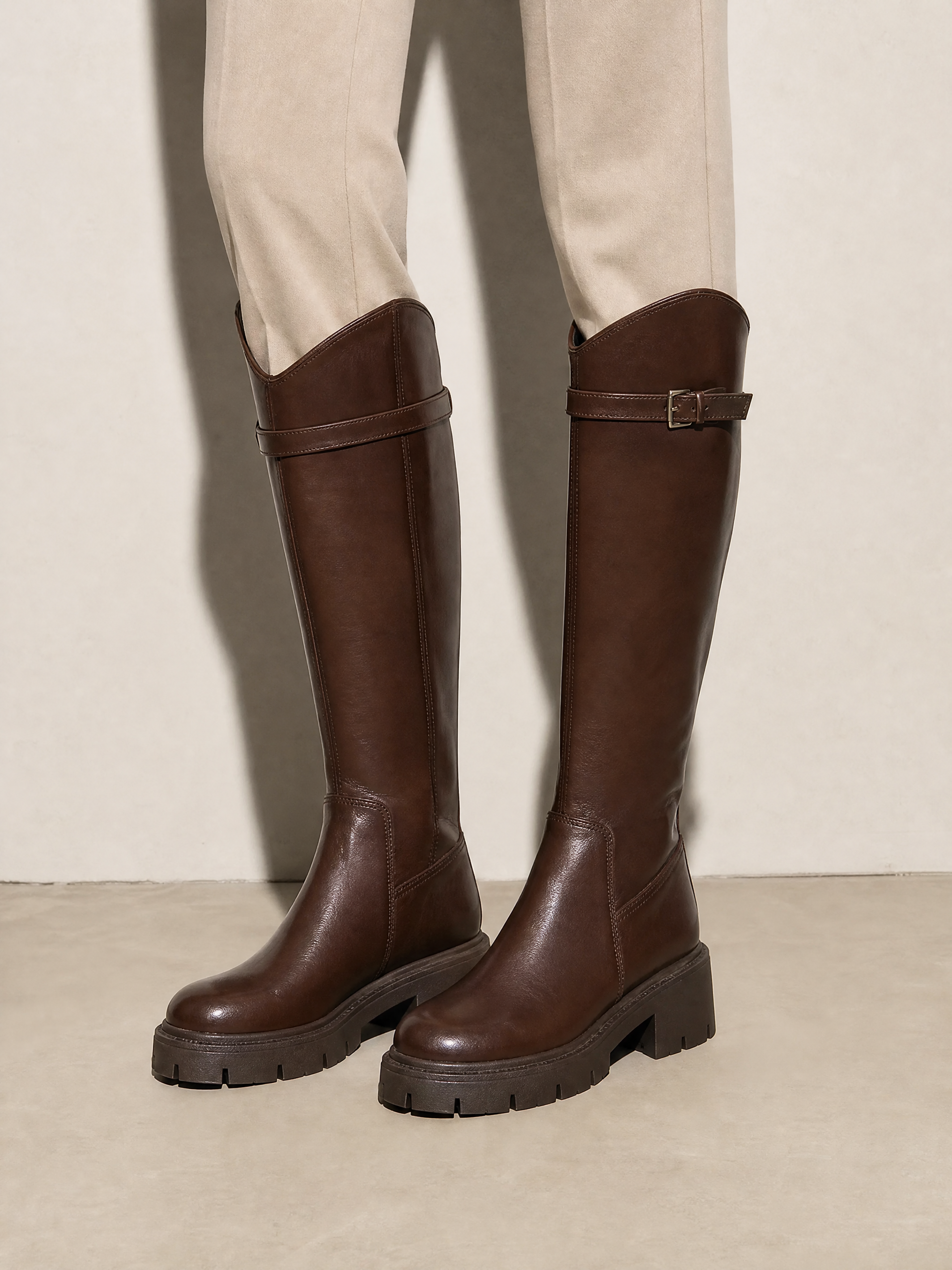 New Versatile Casual Chunky Heel High Boots - Brown Standard Cylinder Premium Leather Finish Shoe Worn