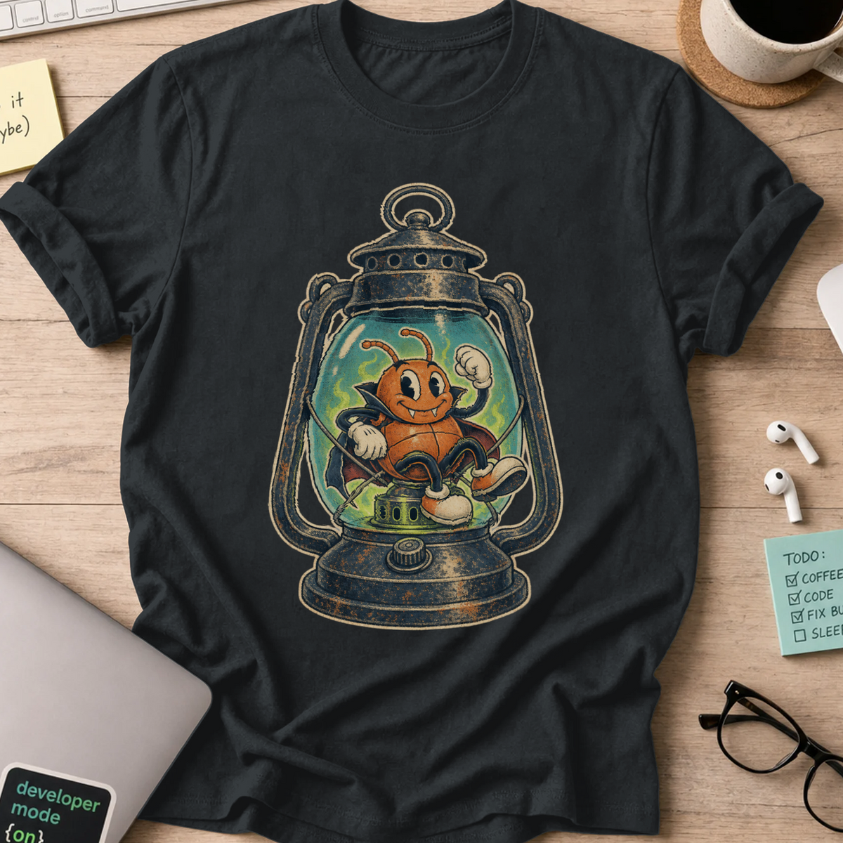 Bug in a Lantern Shirt — Black storefront mockup