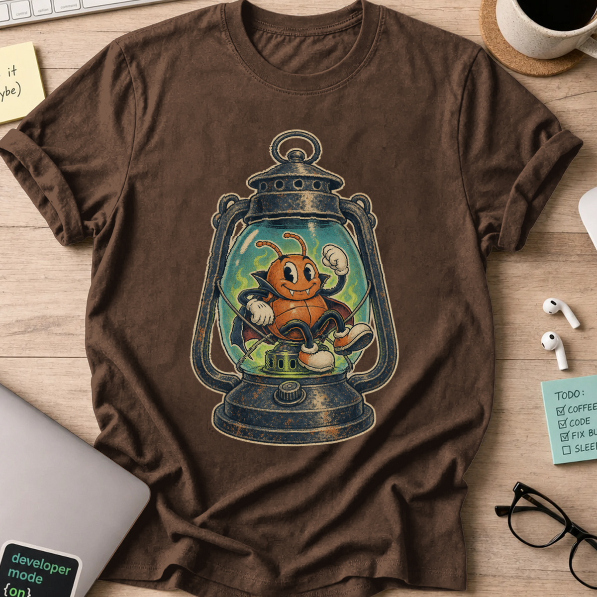 Bug in a Lantern Shirt — Dark Chocolate storefront mockup