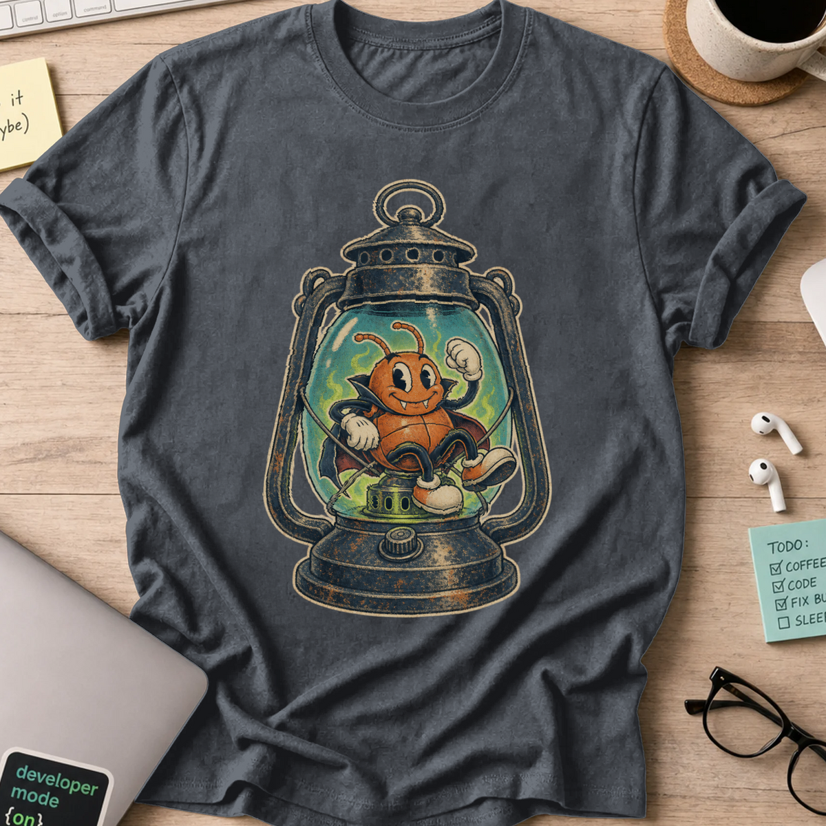 Bug in a Lantern Shirt — Dark Heather storefront mockup