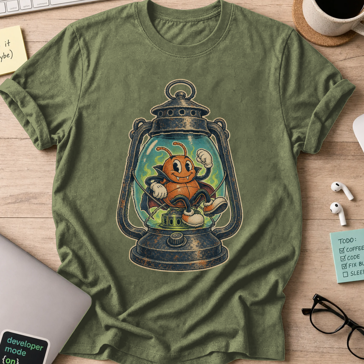 Bug in a Lantern Shirt — Military Green storefront mockup