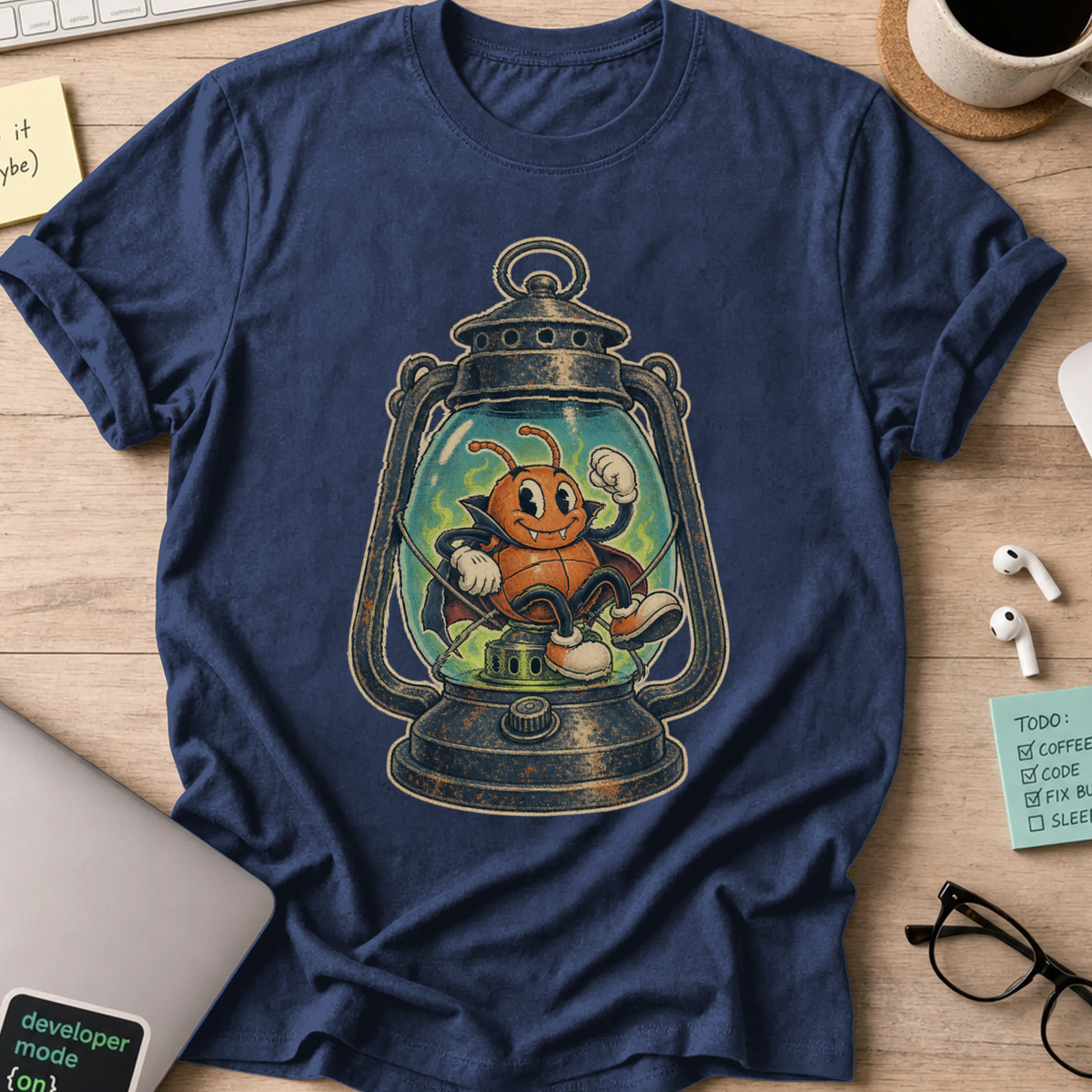 Bug in a Lantern Shirt — Navy storefront mockup