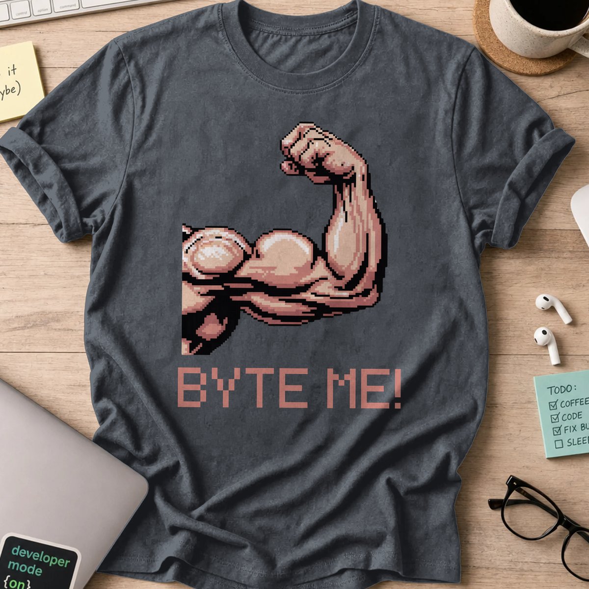 Dark Heather Grey programmer shirt printed with "byte me macho", a funny developer t-shirt and coding gift for software engineers and coders.