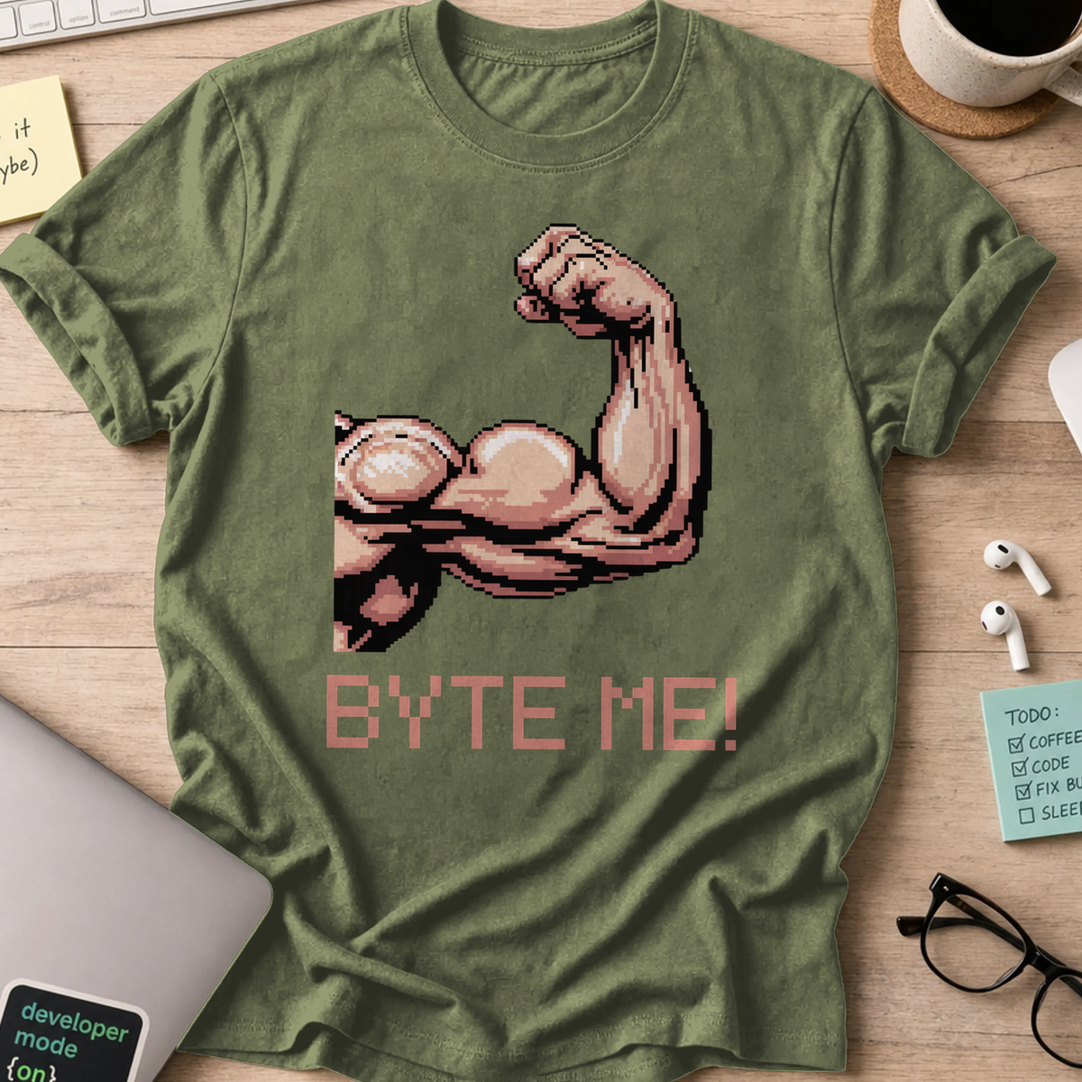 Military Green programmer shirt printed with "byte me macho", a funny developer t-shirt and coding gift for software engineers and coders.