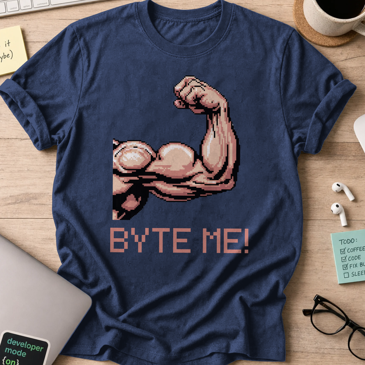 Navy programmer shirt printed with "byte me macho", a funny developer t-shirt and coding gift for software engineers and coders.