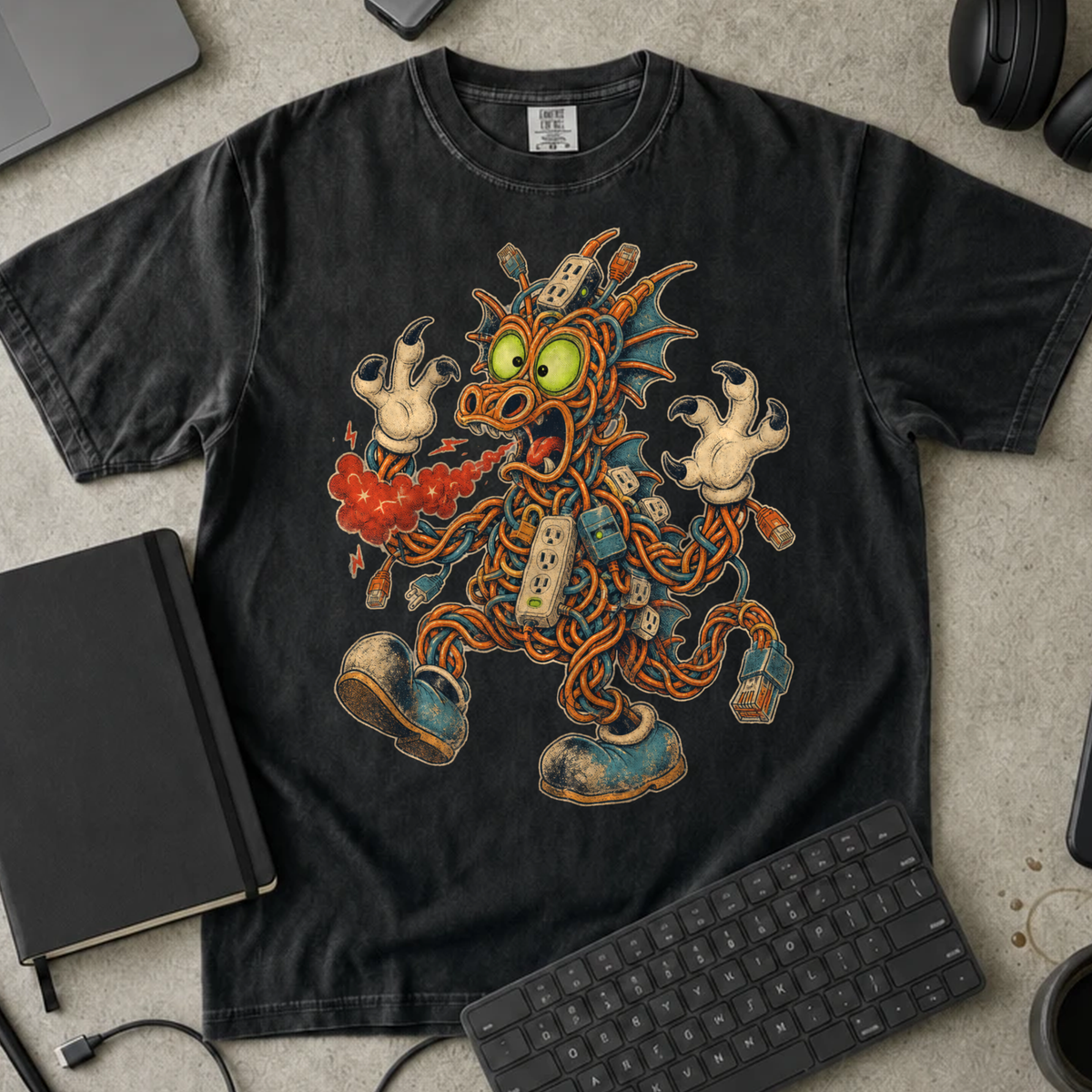 Cable Monster Shirt — Black Comfort Colors 1717 flat lay