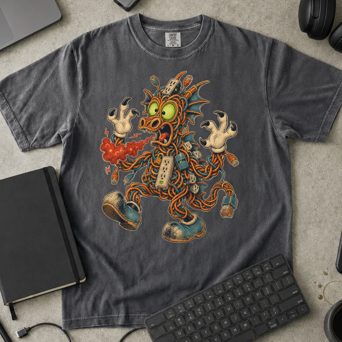 Cable Monster Shirt — Pepper Comfort Colors 1717 flat lay