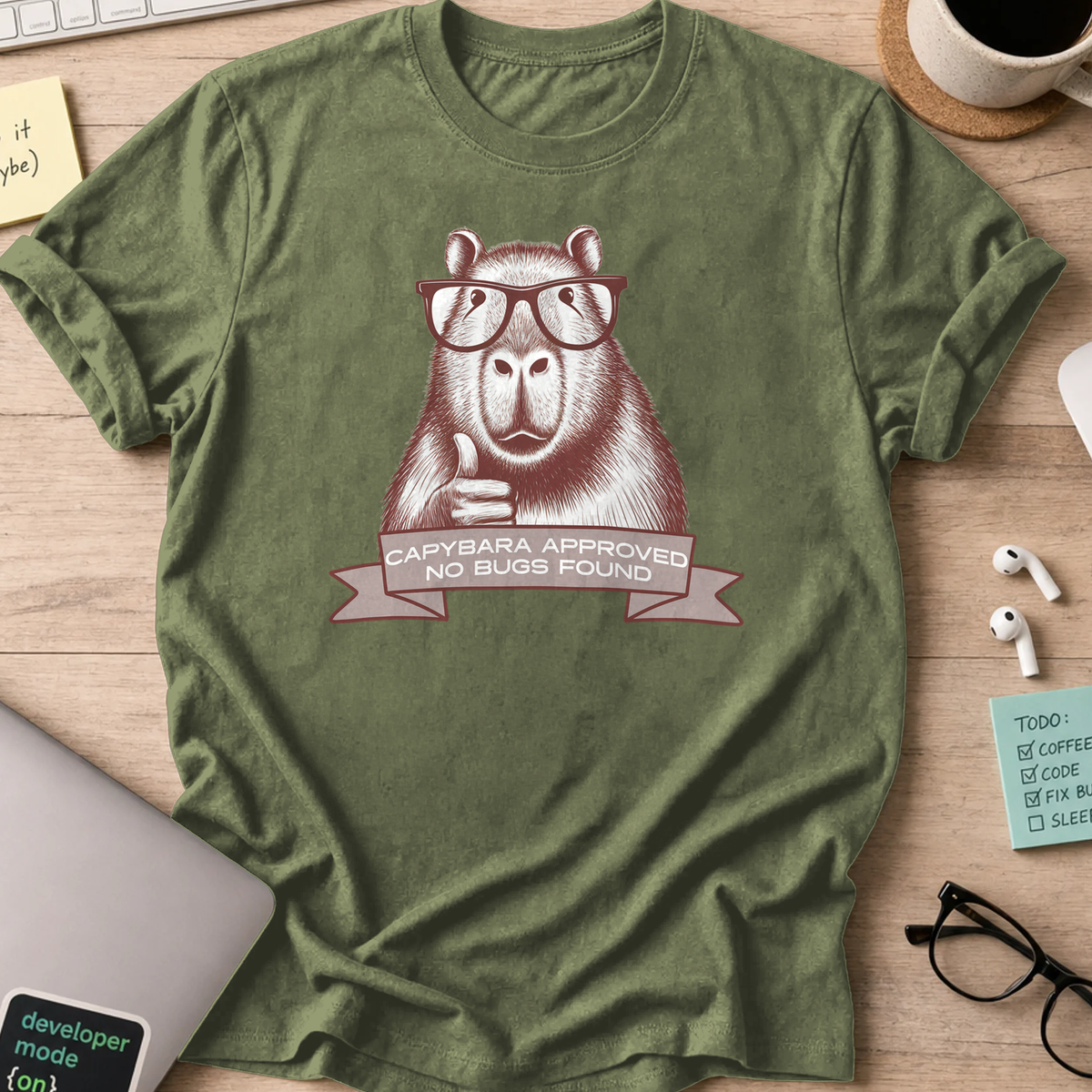 Military Green programmer shirt printed with "Capybara approved", a funny developer t-shirt and coding gift for software engineers and coders.