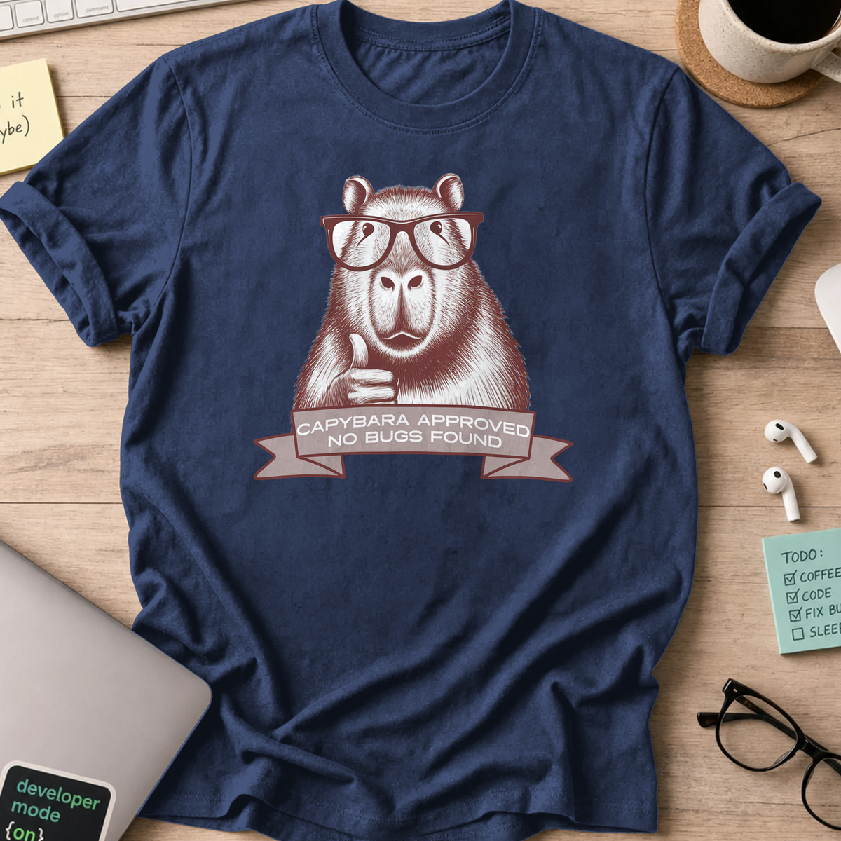 Navy programmer shirt printed with "Capybara approved", a funny developer t-shirt and coding gift for software engineers and coders.