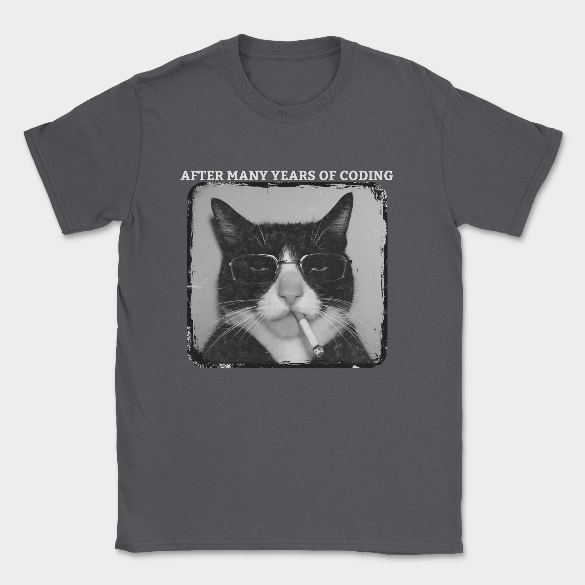 cat after many years of coding shirt — Dark Heather Grey