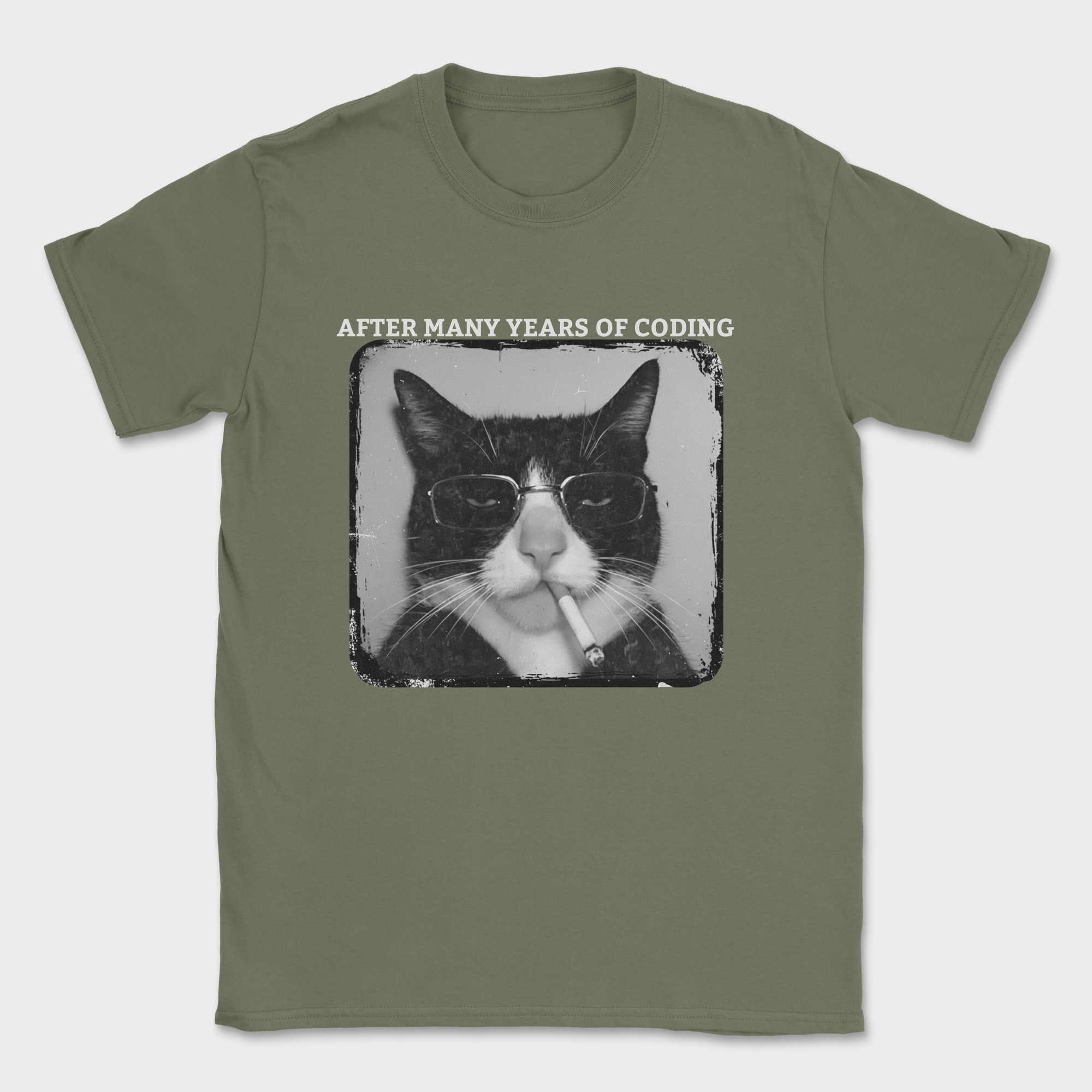 cat after many years of coding shirt — Military Green