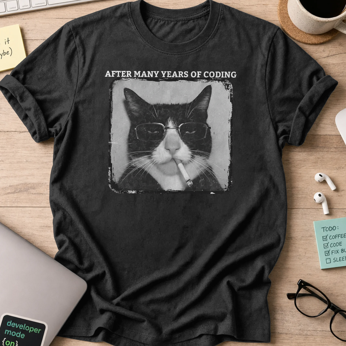 cat after many years of coding shirt - Black