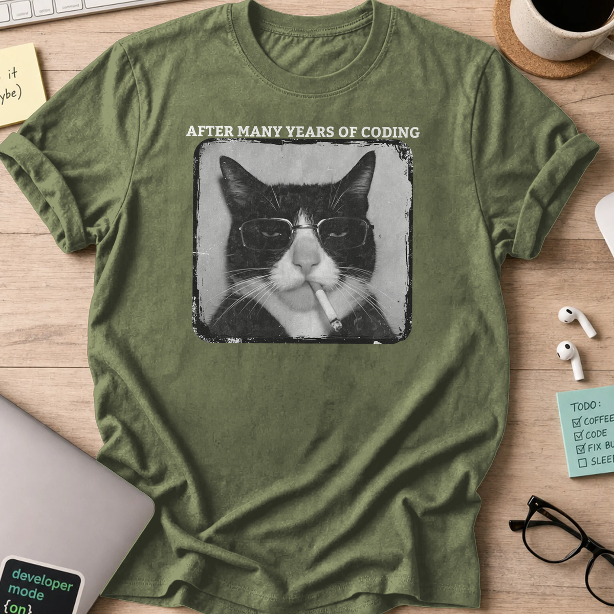 cat after many years of coding shirt - Military Green