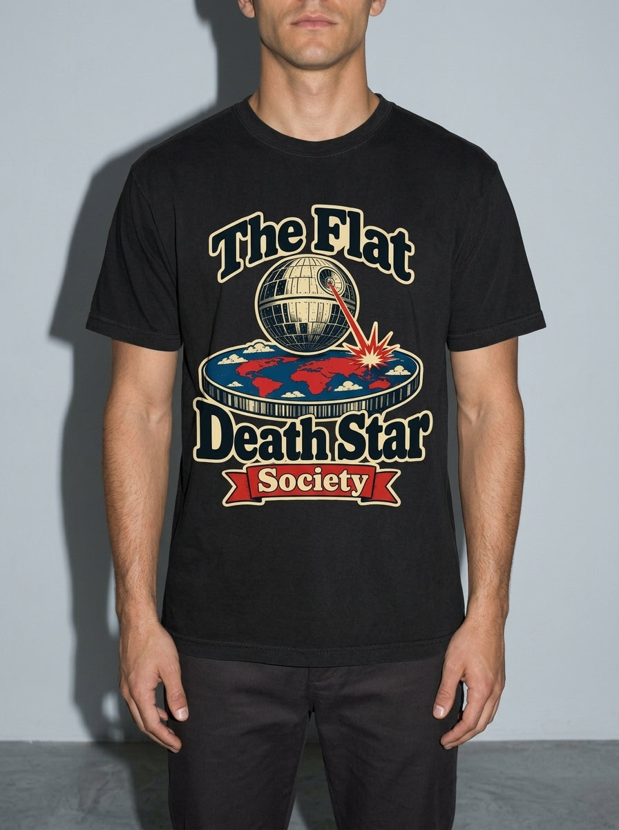 Flat Death Star Society Premium Shirt - black--bust_to_thigh