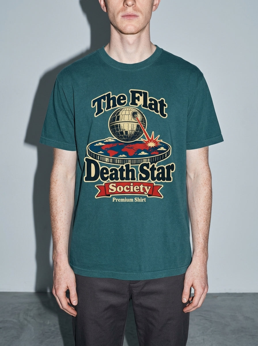Flat Death Star Society Premium Shirt - blue-spruce--bust_to_thigh