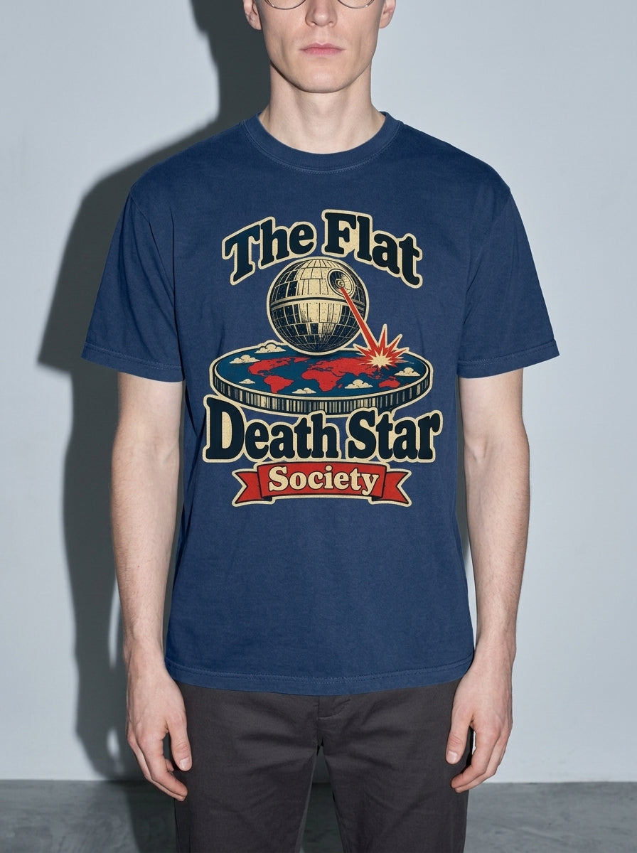 Flat Death Star Society Premium Shirt - true-navy--bust_to_thigh