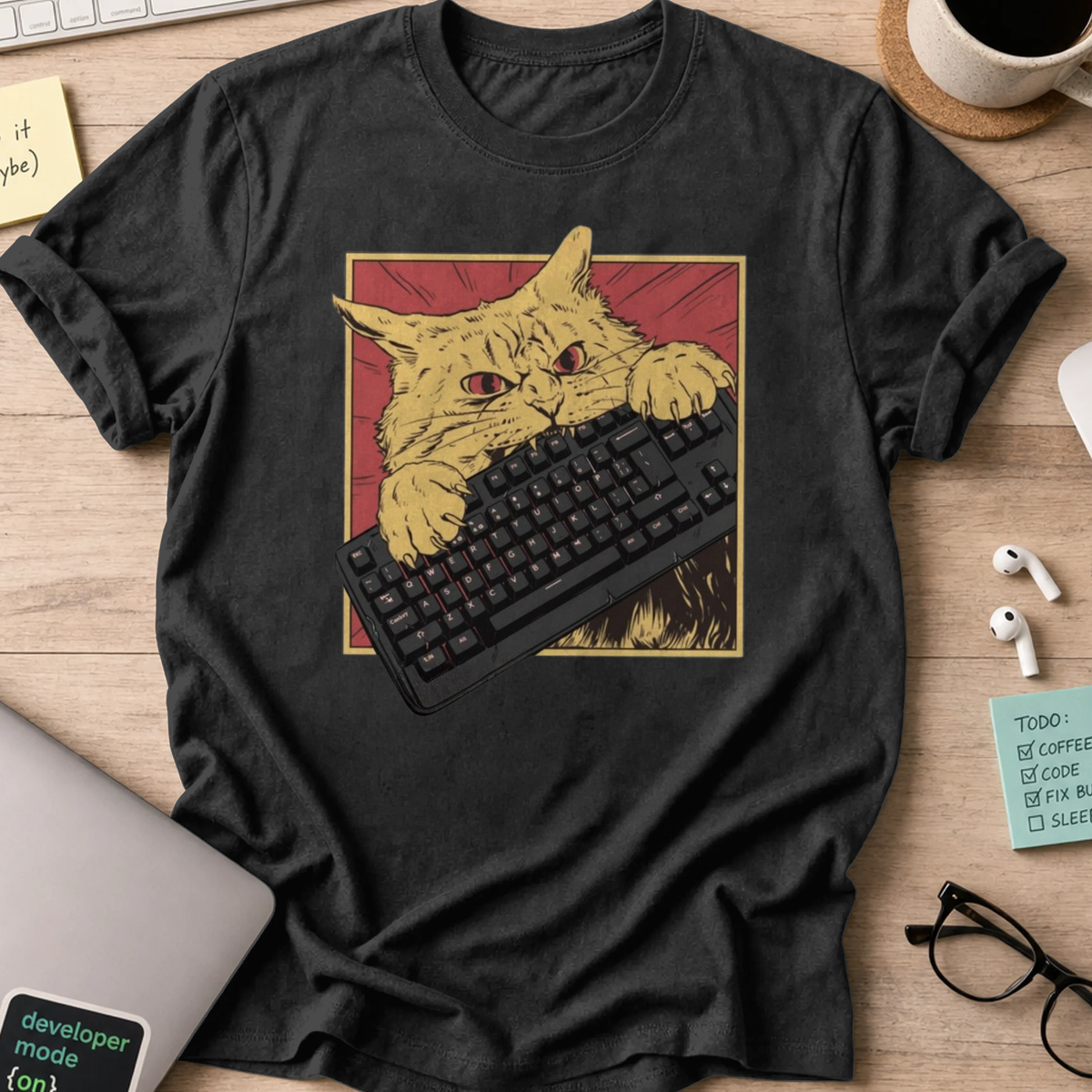 cat biting keyboard shirt - Black