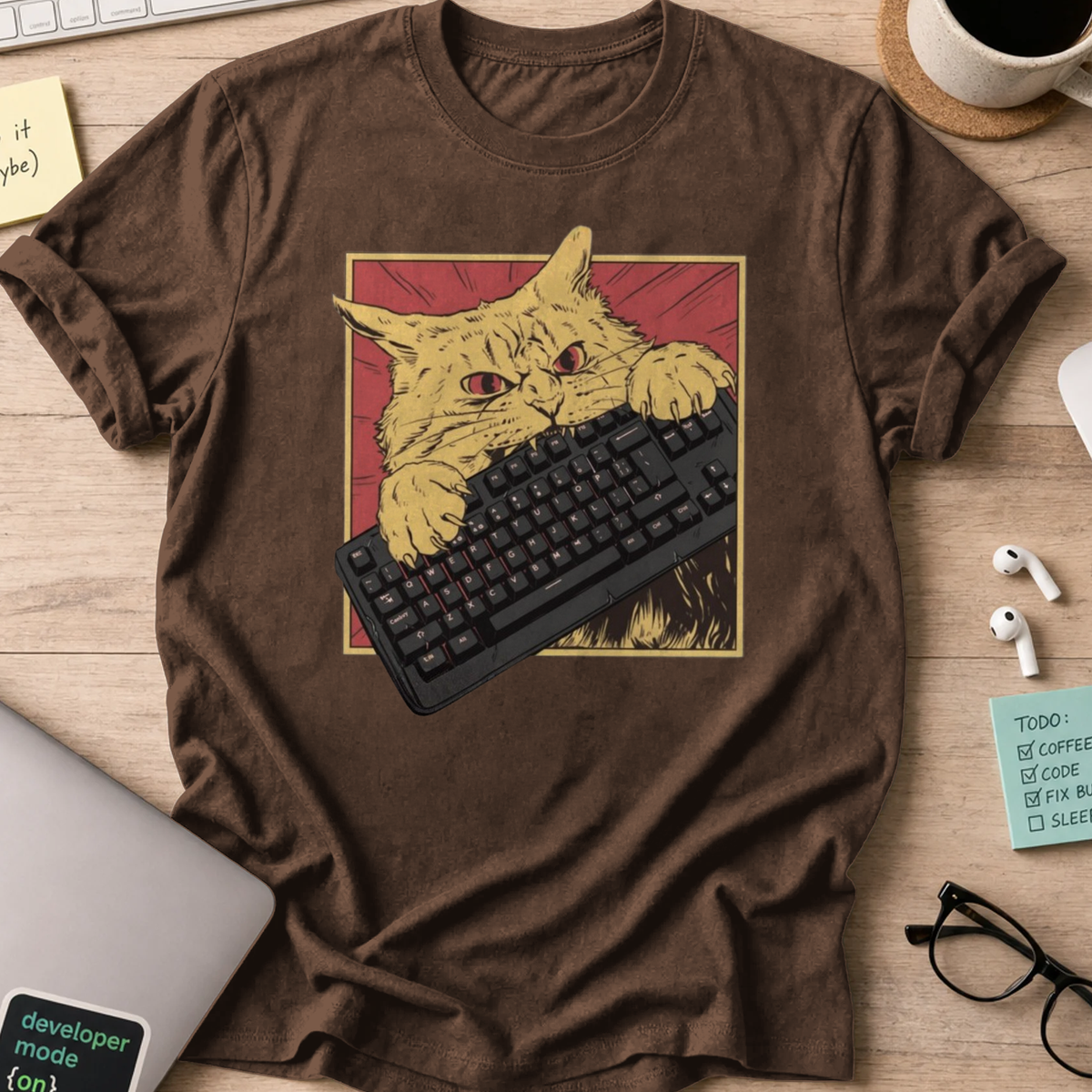 cat biting keyboard shirt - Dark Chocolate