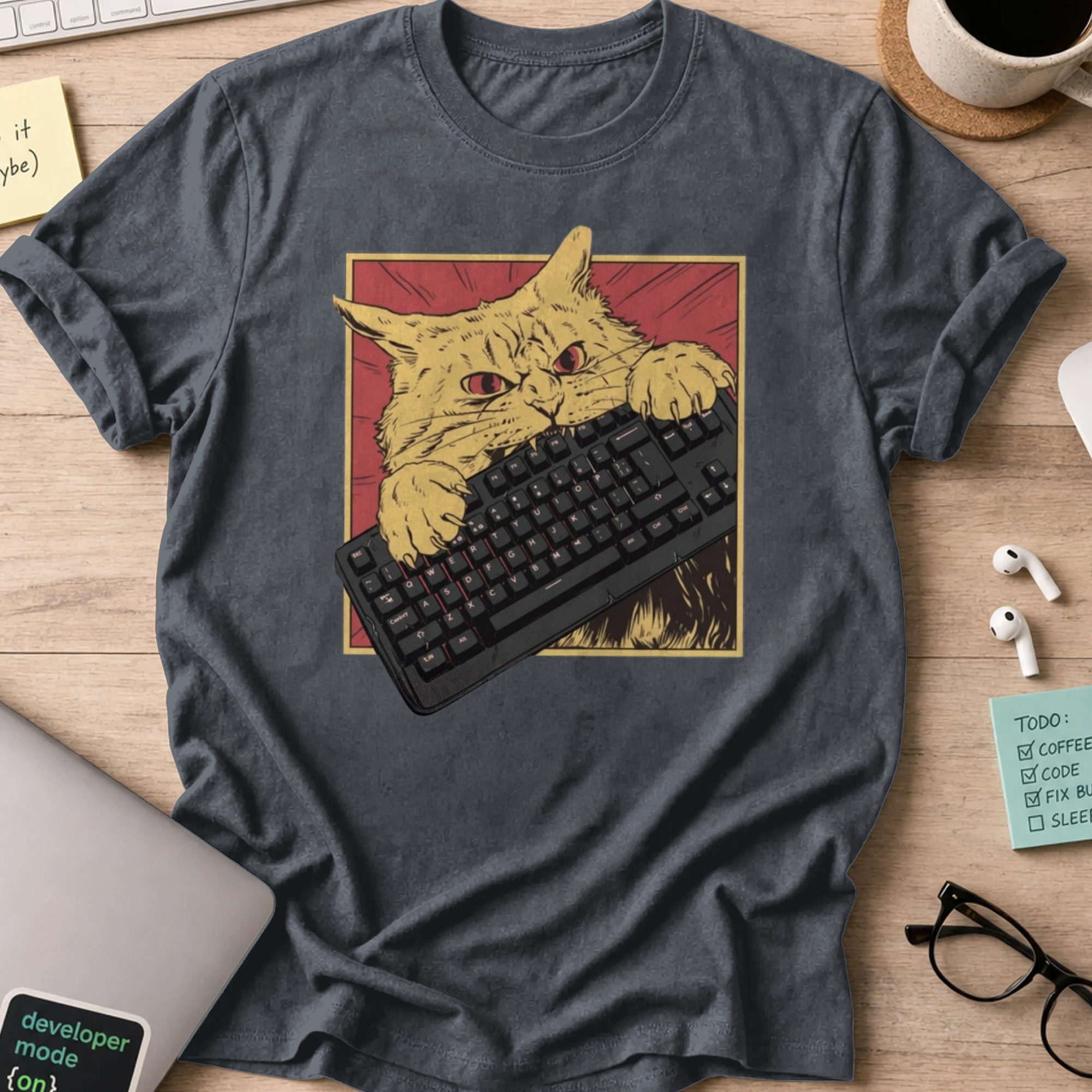 cat biting keyboard shirt - Dark Heather