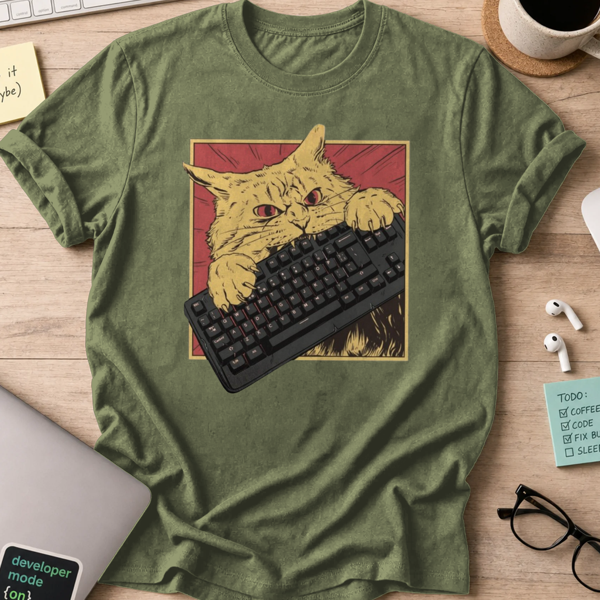 cat biting keyboard shirt - Military Green