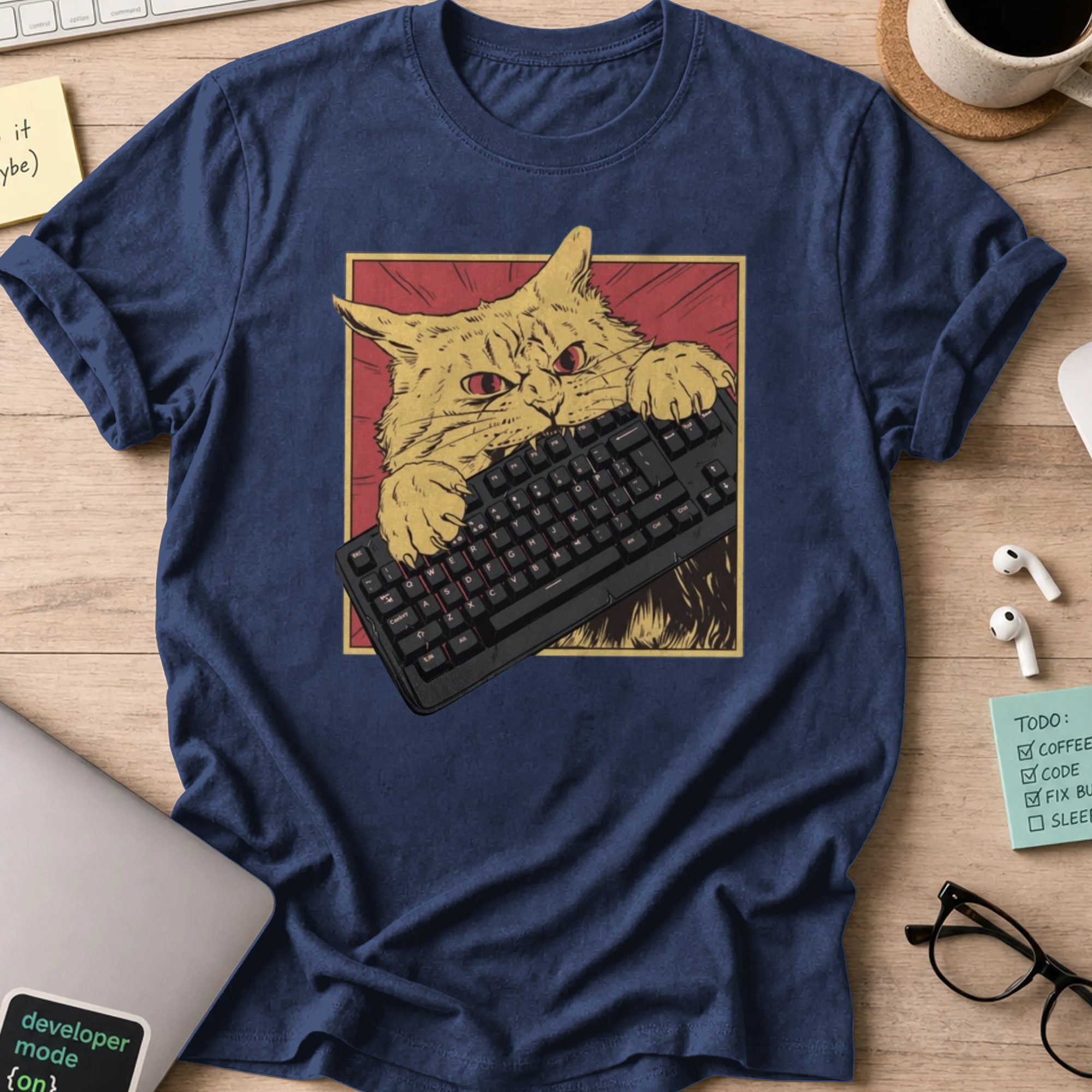 cat biting keyboard shirt - Navy