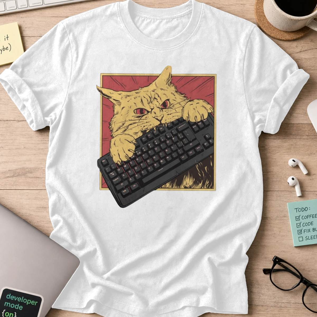 cat biting keyboard shirt - White