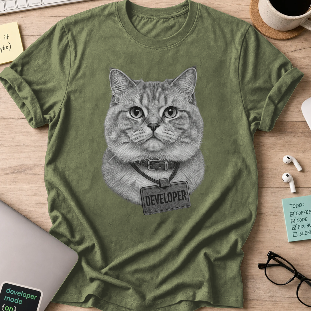 cat developer shirt - Military Green