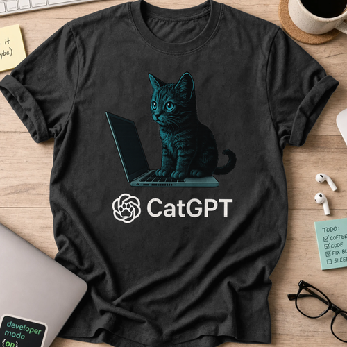 Black programmer shirt printed with "catGPT", a funny developer t-shirt and coding gift for software engineers and coders.