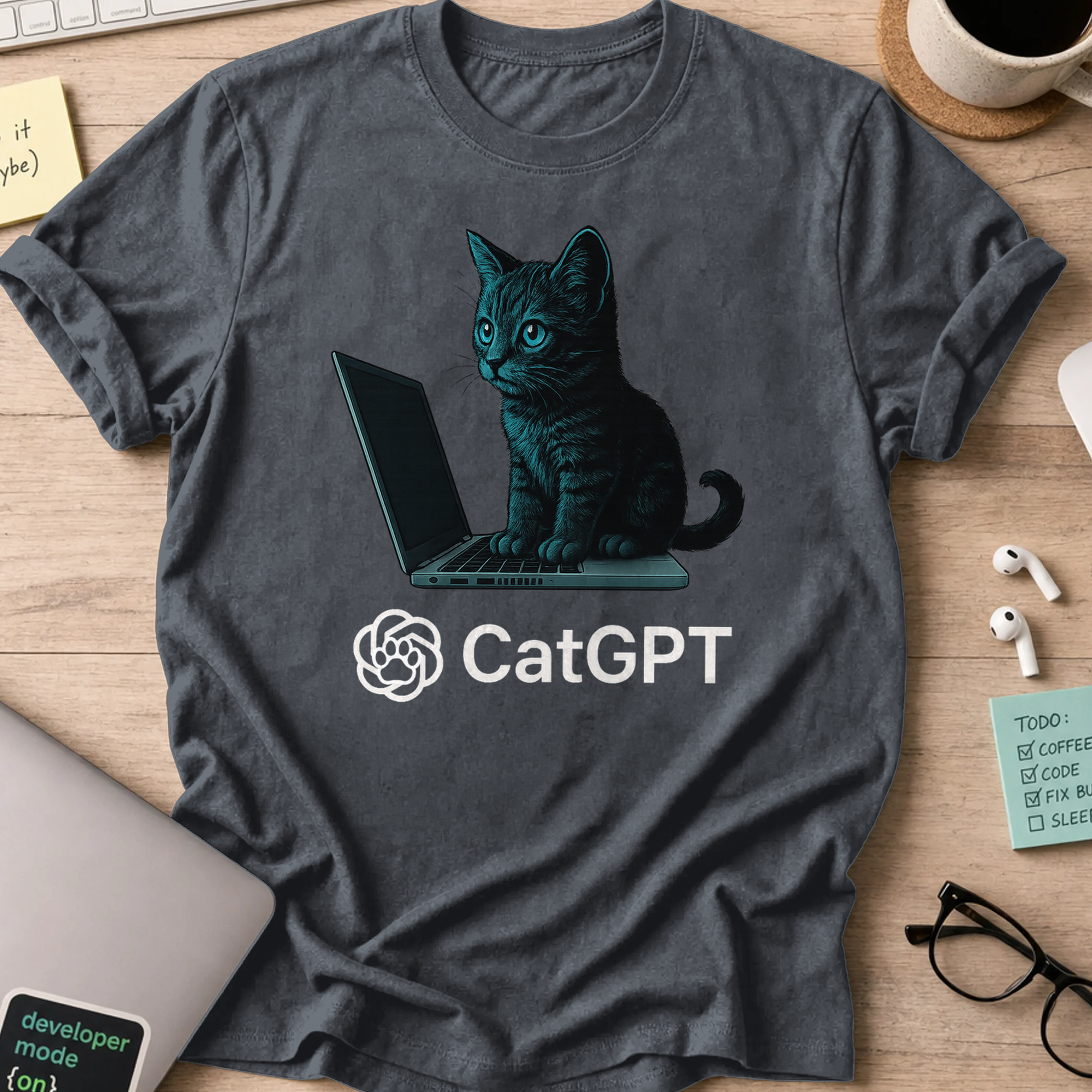 Dark Heather Grey programmer shirt printed with "catGPT", a funny developer t-shirt and coding gift for software engineers and coders.