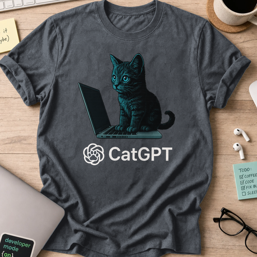 Dark Heather Grey programmer shirt printed with "catGPT", a funny developer t-shirt and coding gift for software engineers and coders.