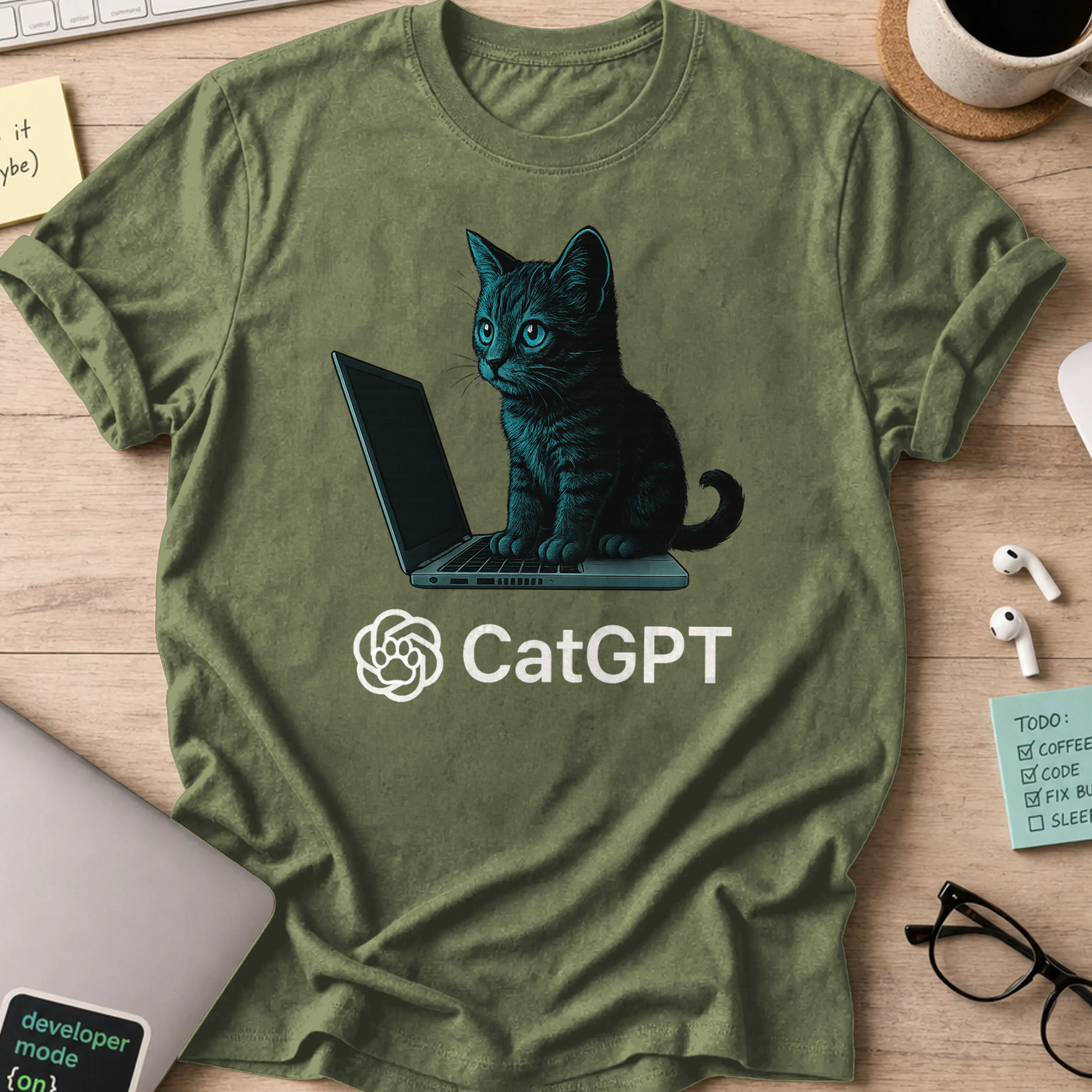 Military Green programmer shirt printed with "catGPT", a funny developer t-shirt and coding gift for software engineers and coders.
