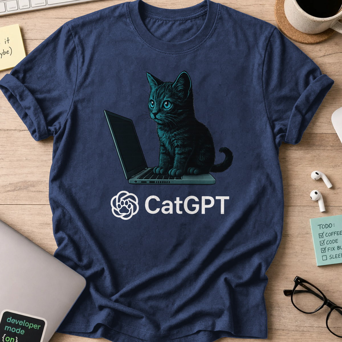 Navy programmer shirt printed with "catGPT", a funny developer t-shirt and coding gift for software engineers and coders.