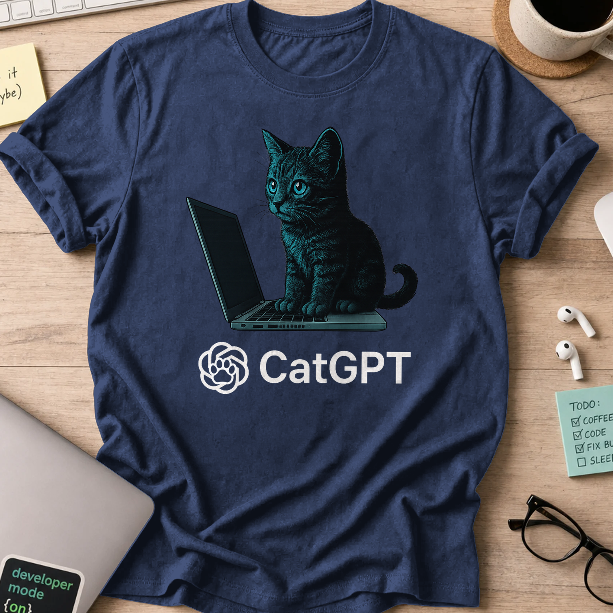 Navy programmer shirt printed with "catGPT", a funny developer t-shirt and coding gift for software engineers and coders.