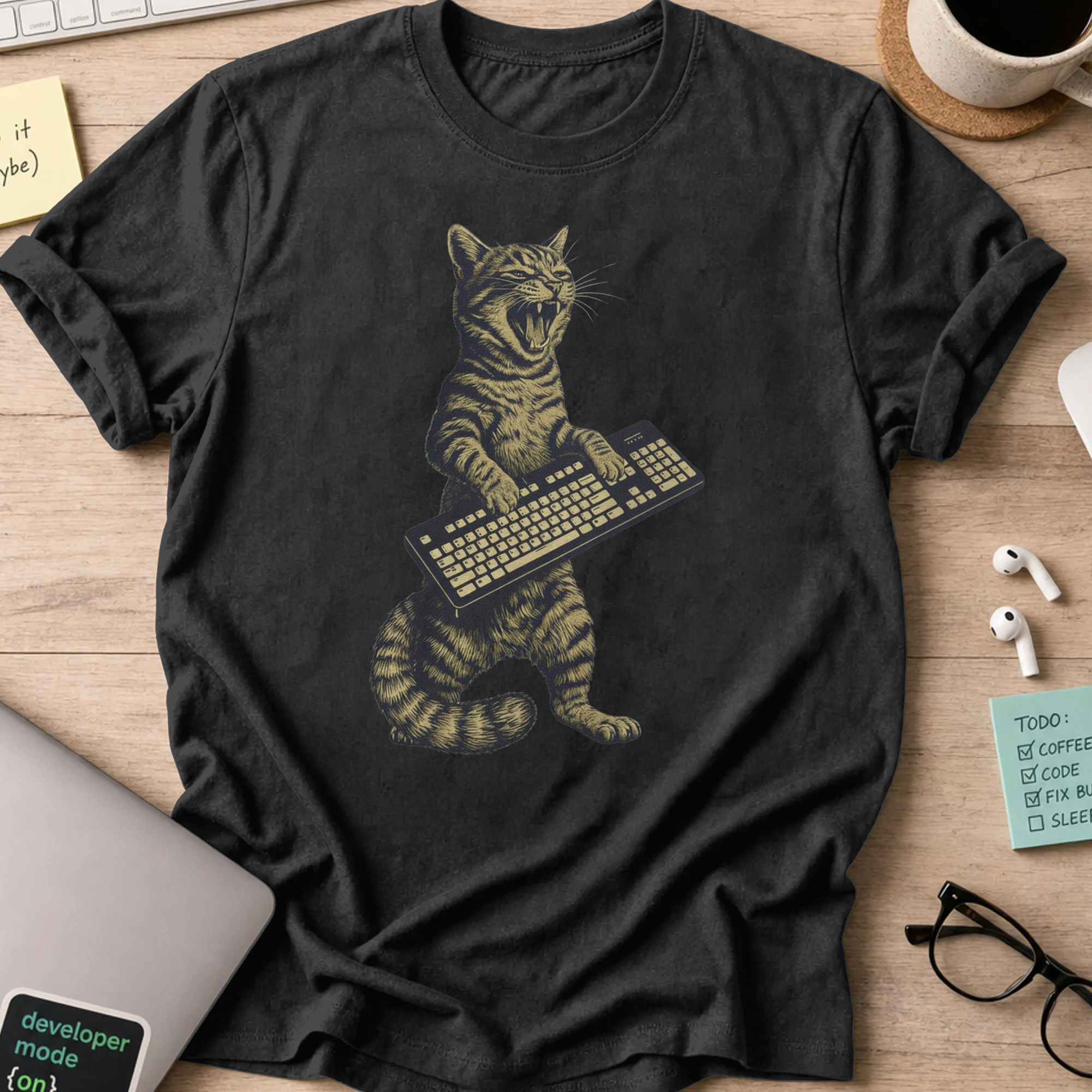 cat keyboard rockstar shirt - Black