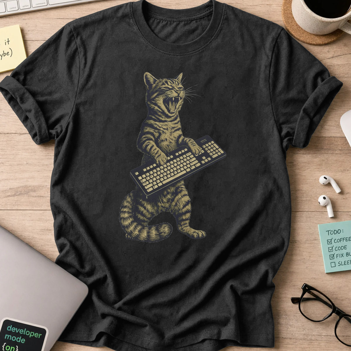cat keyboard rockstar shirt - Black