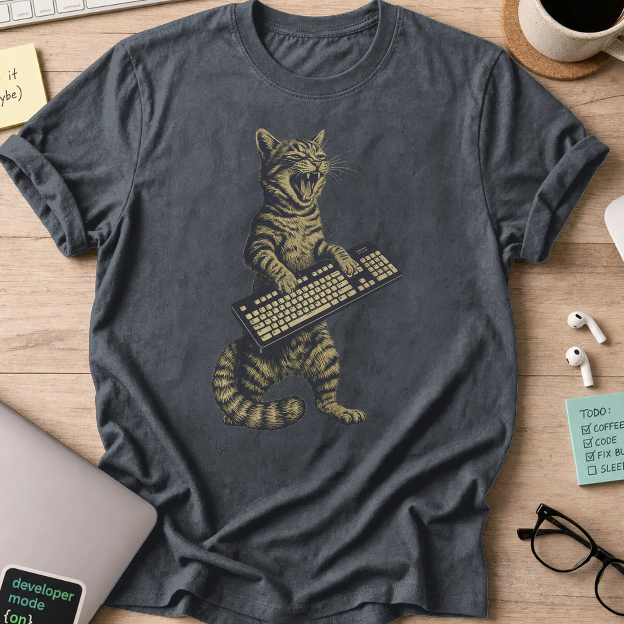 cat keyboard rockstar shirt - Dark Heather