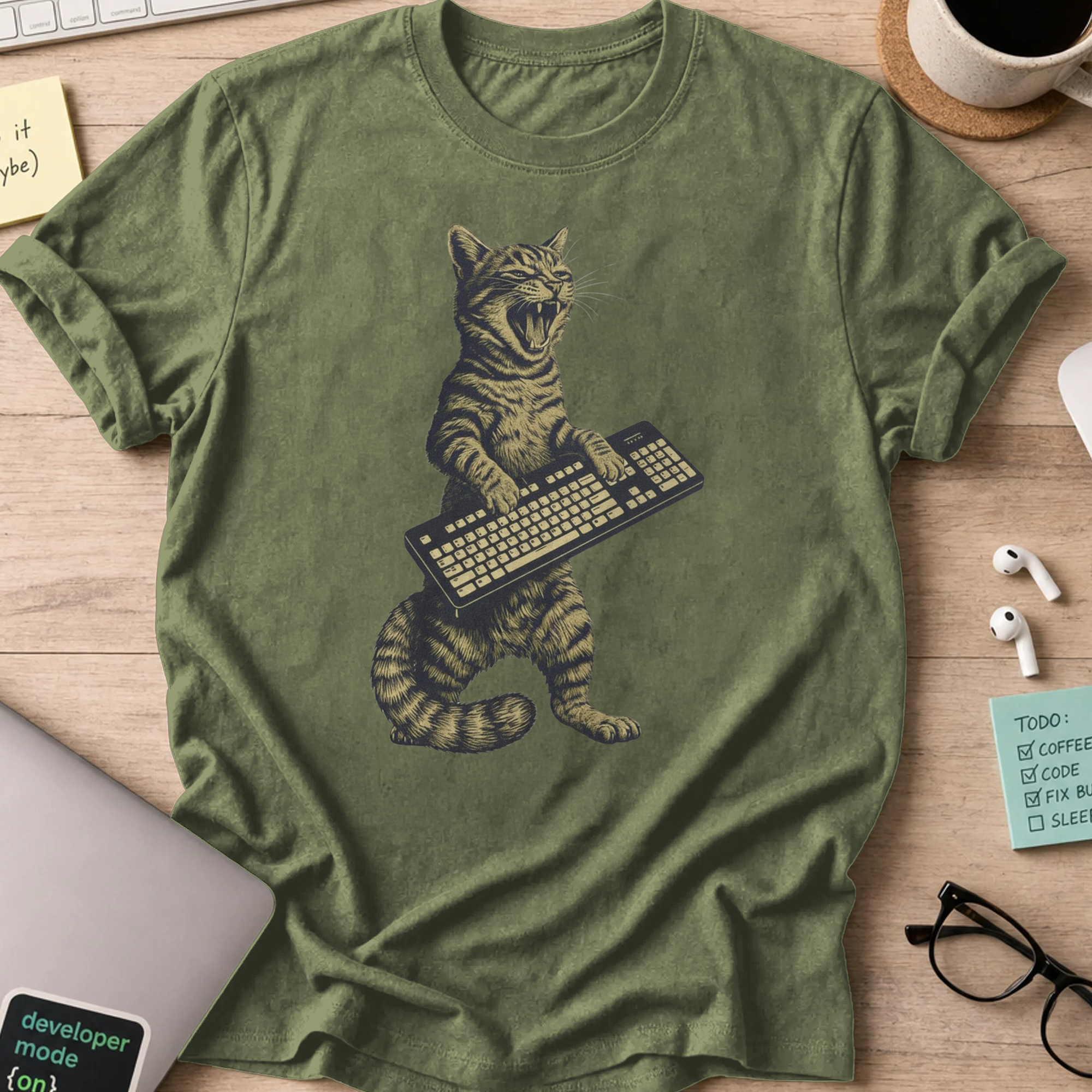 cat keyboard rockstar shirt - Military Green