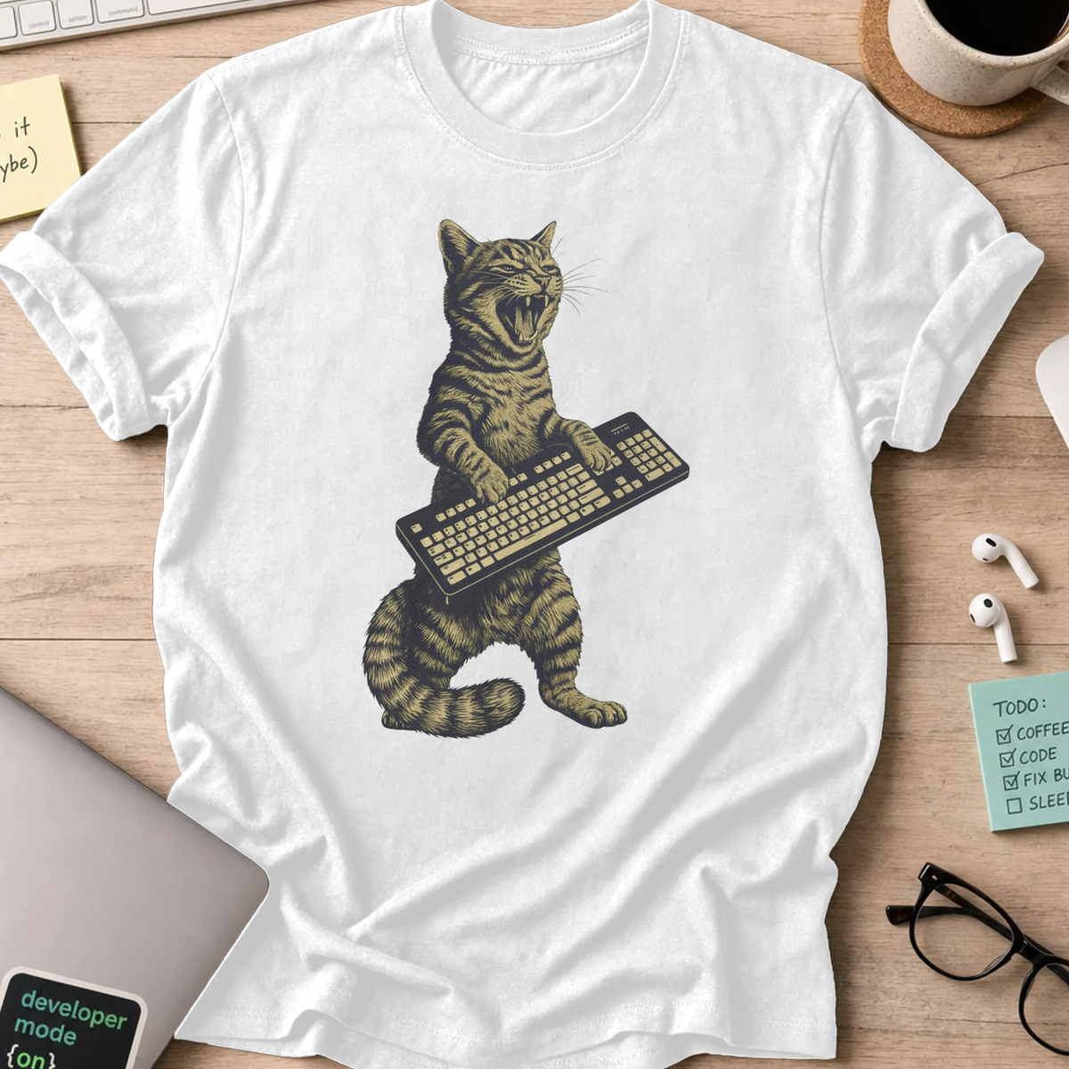 cat keyboard rockstar shirt - White