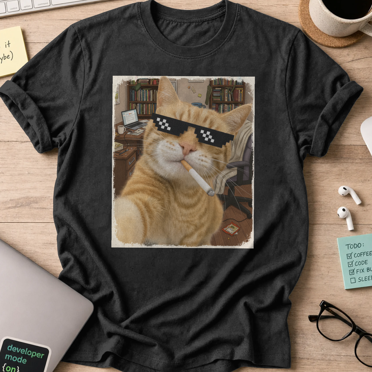 cat smoking with a shades shirt - Black