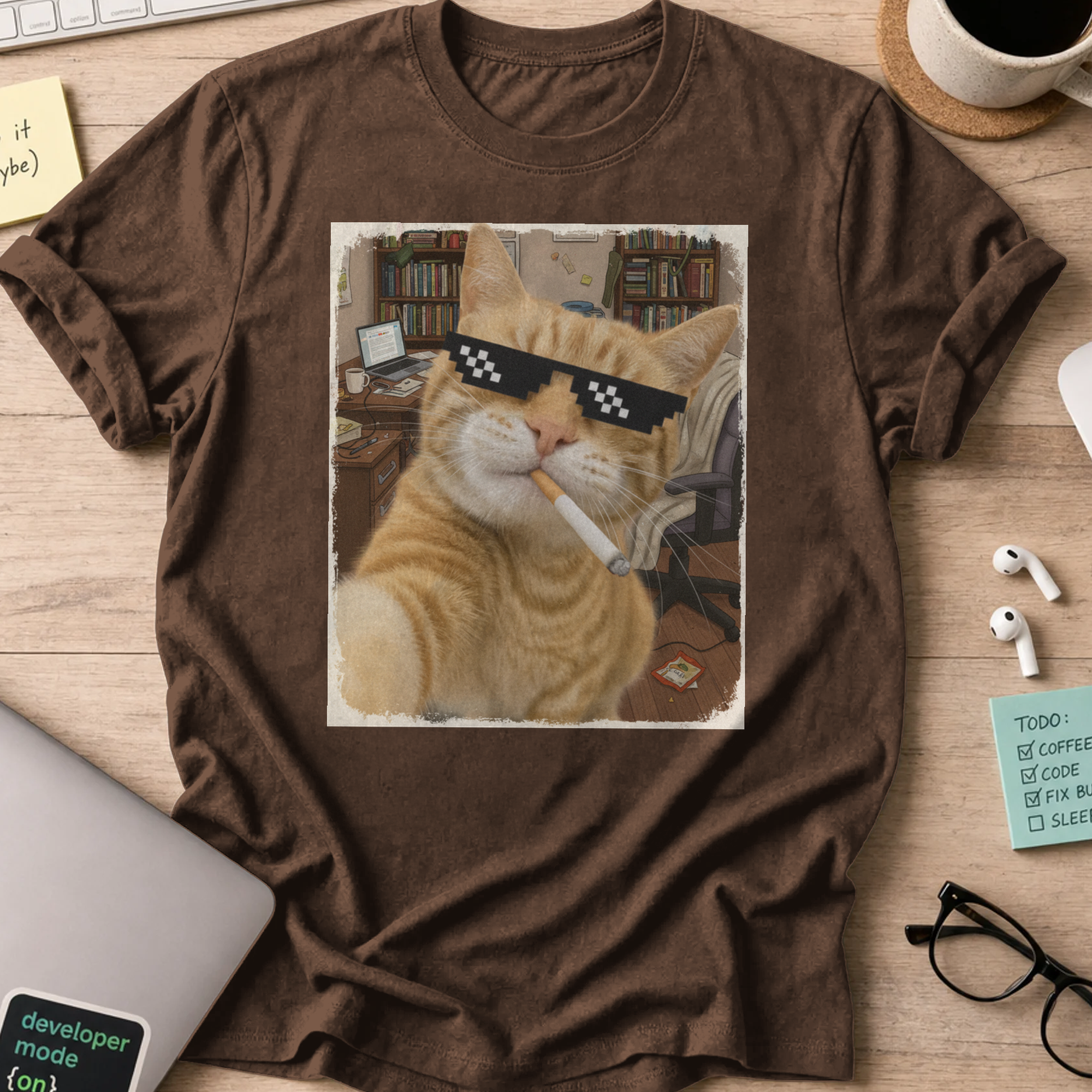 cat smoking with a shades shirt - Dark Chocolate