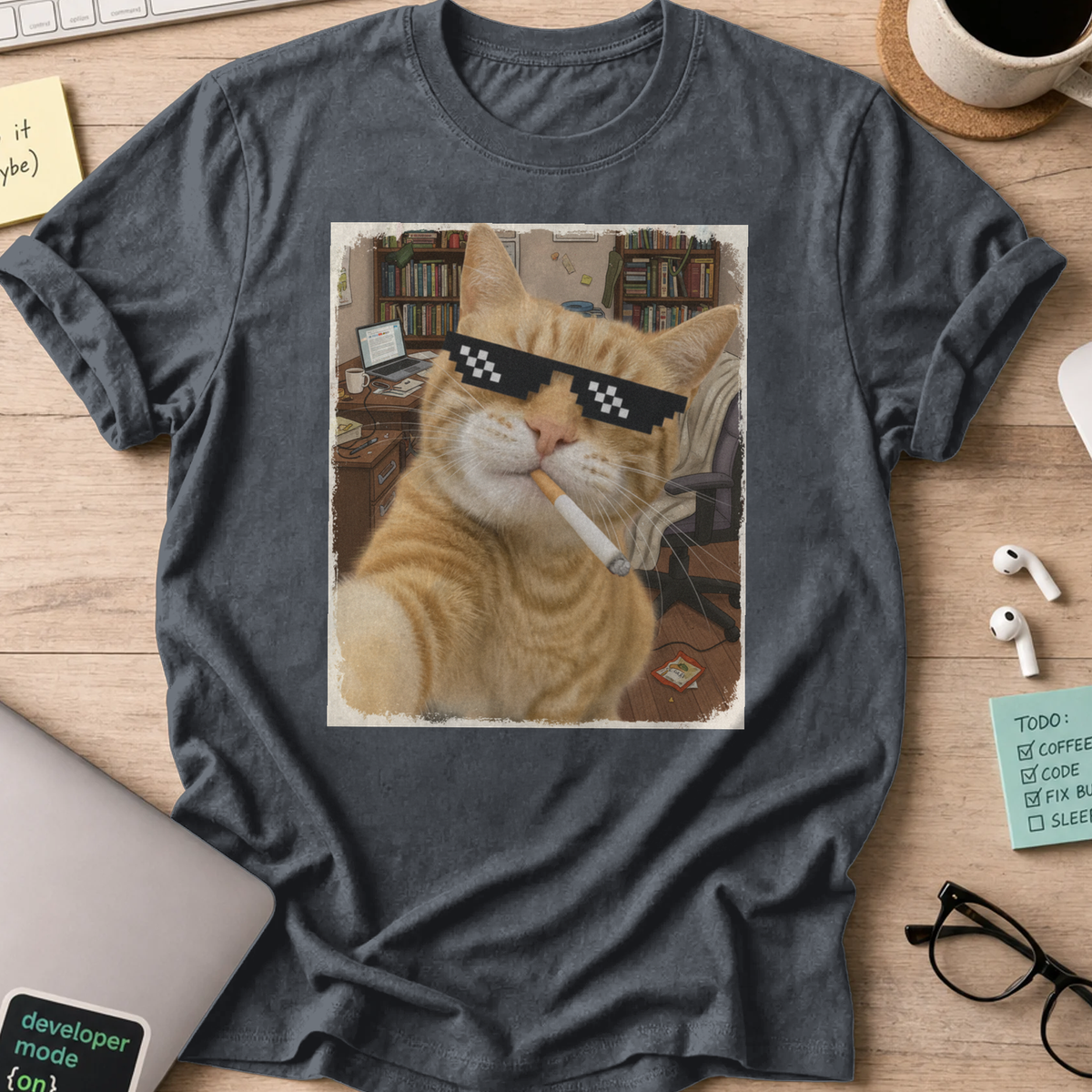cat smoking with a shades shirt - Dark Heather